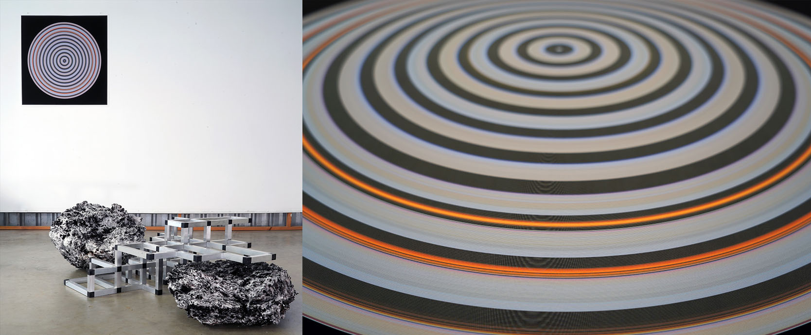 Composite image of a digital print and one of the sculptures