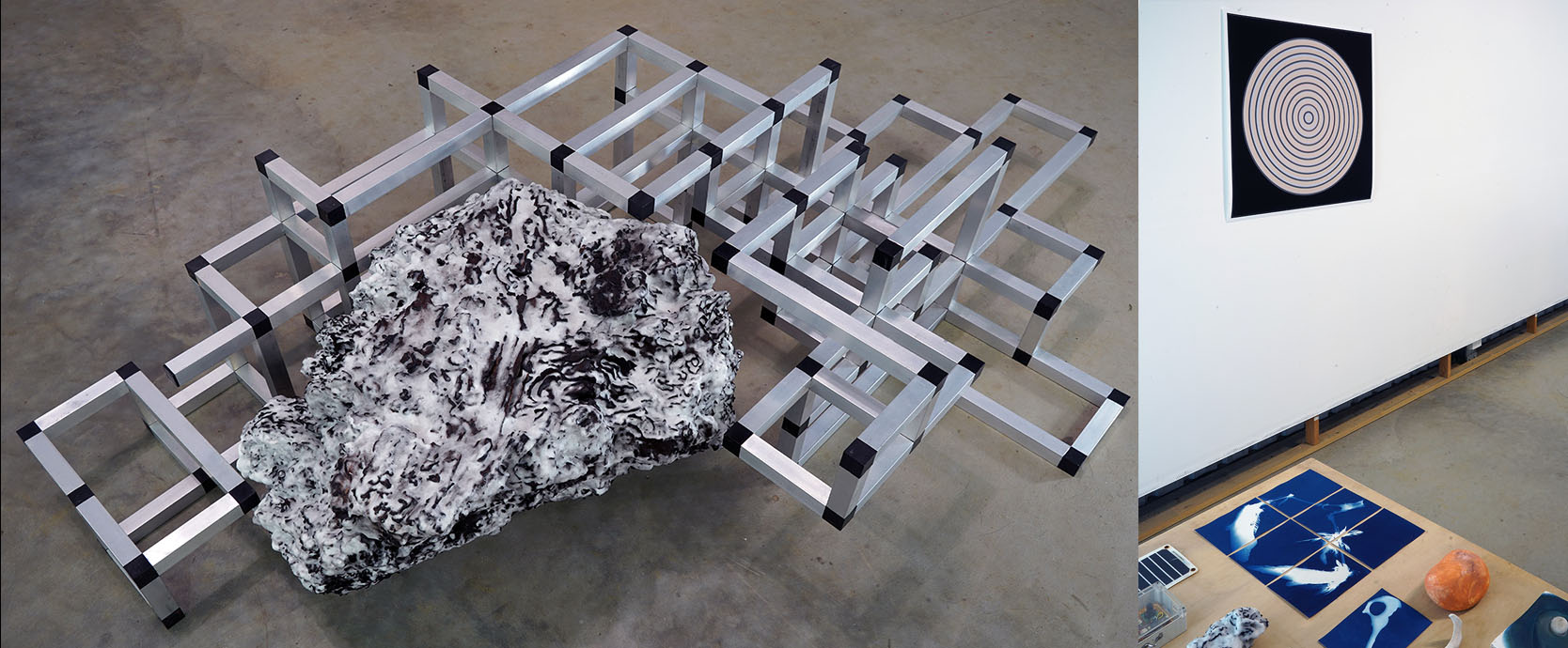 Composite image of one of the sculptures, a digital print and cyanotype prints on a table